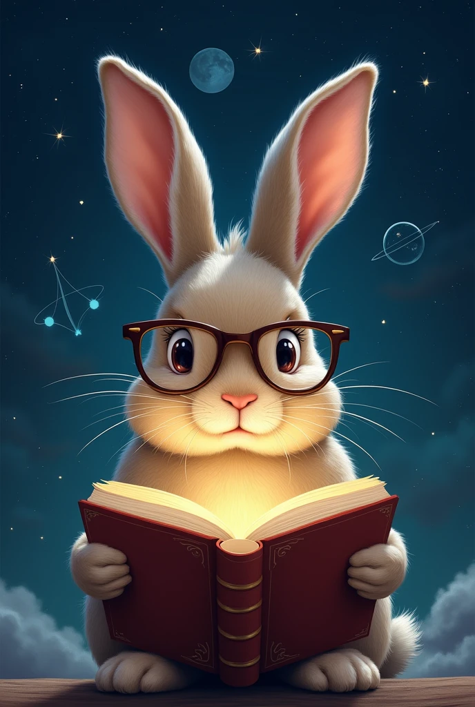 A droopy-eared rabbit is reading a book seriously,Wear glasses,宝箱にはHealingの公式が現れる,background,Night Sky、star々,backgroundに宝箱があります,((Astronomical formulas emerge from the book:2))、Healing、healing