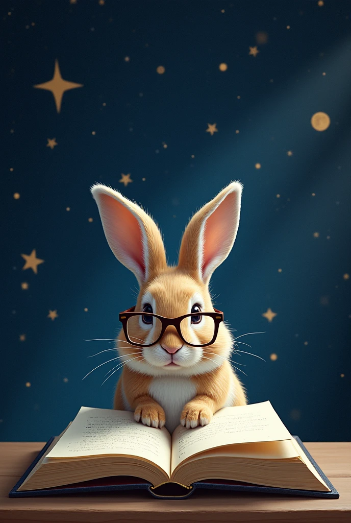 A droopy-eared rabbit is reading a book seriously,Wear glasses,宝箱にはHealingの公式が現れる,background,Night Sky、star々,backgroundに宝箱があります,((Astronomical formulas emerge from the book:2))、Healing、healing