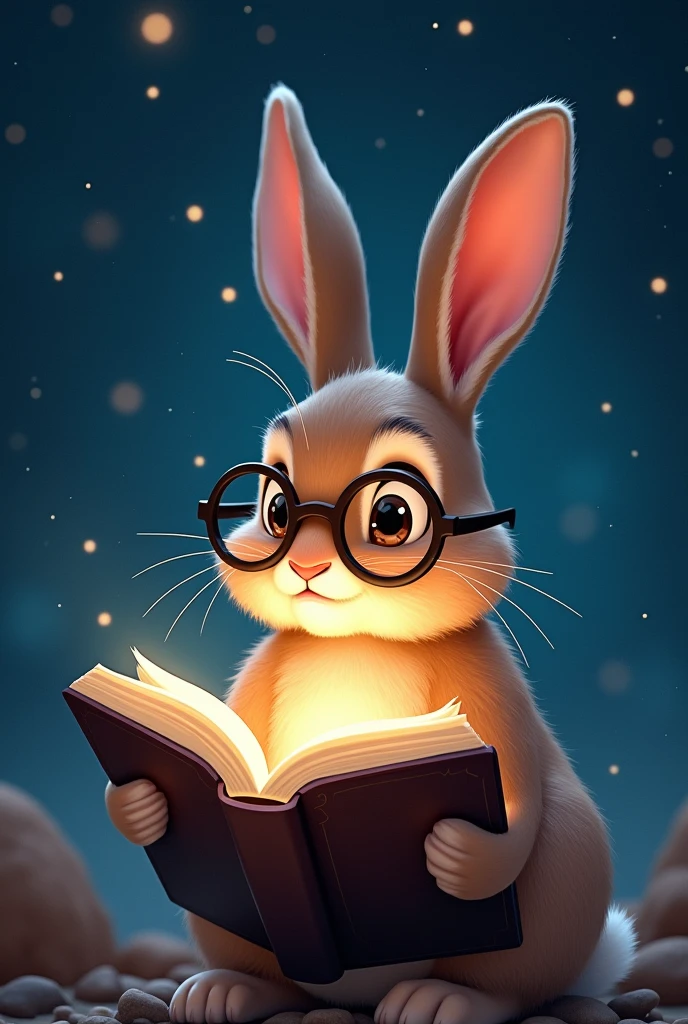 A droopy-eared rabbit is reading a book seriously,Wear glasses,宝箱にはHealingの公式が現れる,background,Night Sky、star々,backgroundに宝箱があります,((Astronomical formulas emerge from the book:2))、Healing、healing