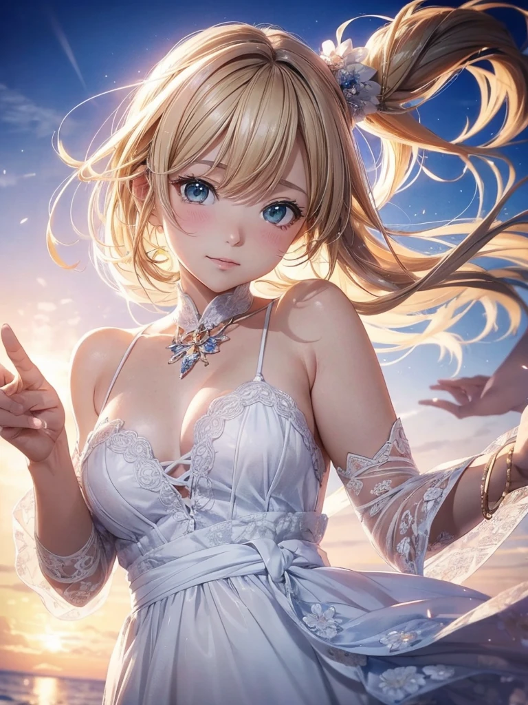 1. Female, face, (1. Female:1.37, alone),  faceのクローズアップ, (美しいface, かわいいface, 詳細なface), (Semi-long hair, ponytail), (Beautiful green eyes with beautiful details), (かわいい笑face), Idol, break, sunny, White color from diagonally above, At the sparkling beach, Pure white all lace dress, Swaying in the Wind, Dynamic Pose, One cut from a music video, The cameraman takes the best shot from the angle, Very detailed CG 統合 8k 壁紙, Very nice 8K CG wallpaper, Anime Moe Art Style, Cute anime visuals, Anime Styleのポートレート, Anime Styleに, Beautiful Anime, 8K Anime Art Style, Anime Style、Detailed 8K animation, (masterpiece, Highest quality), High resolution, Very detailed, Ultra Sharp, Cinema Lighting