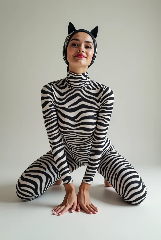 The beautiful muslimah asian adult girl with beautiful cheeks wears plains zebra print lycra turtleneck unitard catsuit covered with stripes and plains zebra print lycra elastane stretchy dancewear 100% stretchy hijab-.She is happy to crawl.She always put fake cat whsikers and nose that are made of black makeup marker pen.