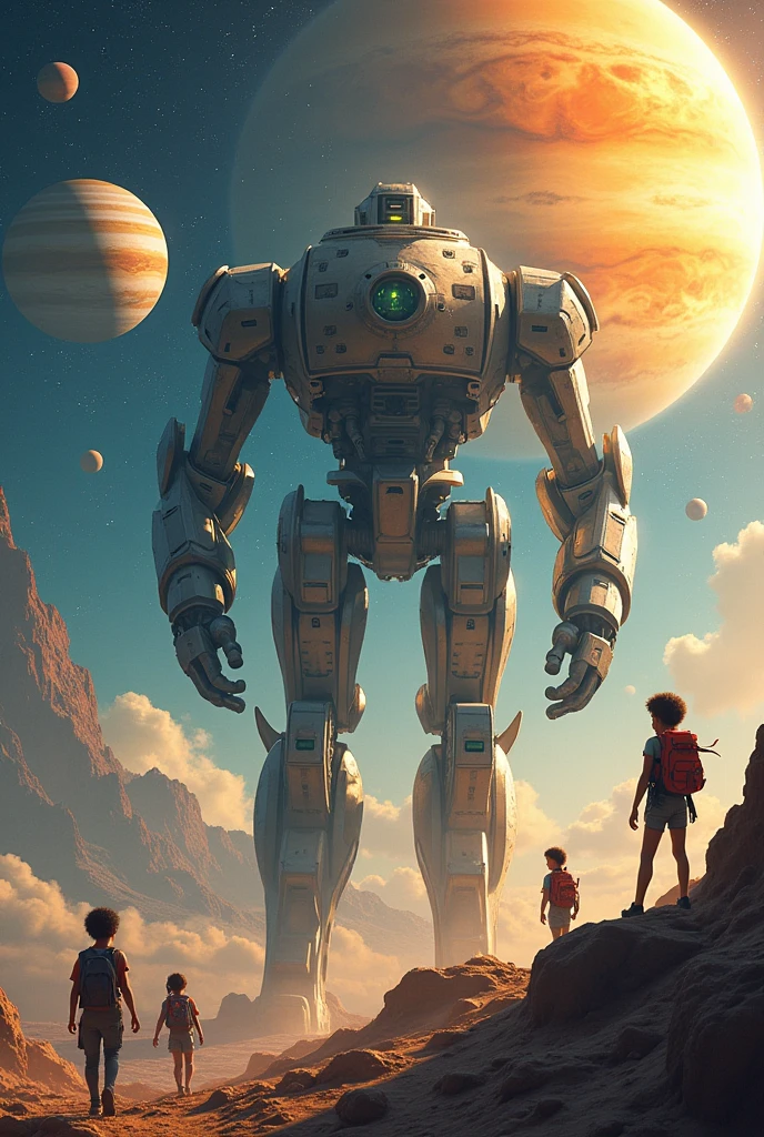 A big Robot with cheerful kids flying in space. Show sun, earth, mars, saturn, Jupiter in background.