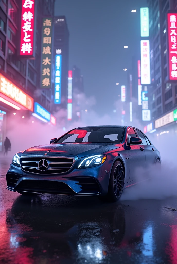 Mercedes w211 in neon foggy city
