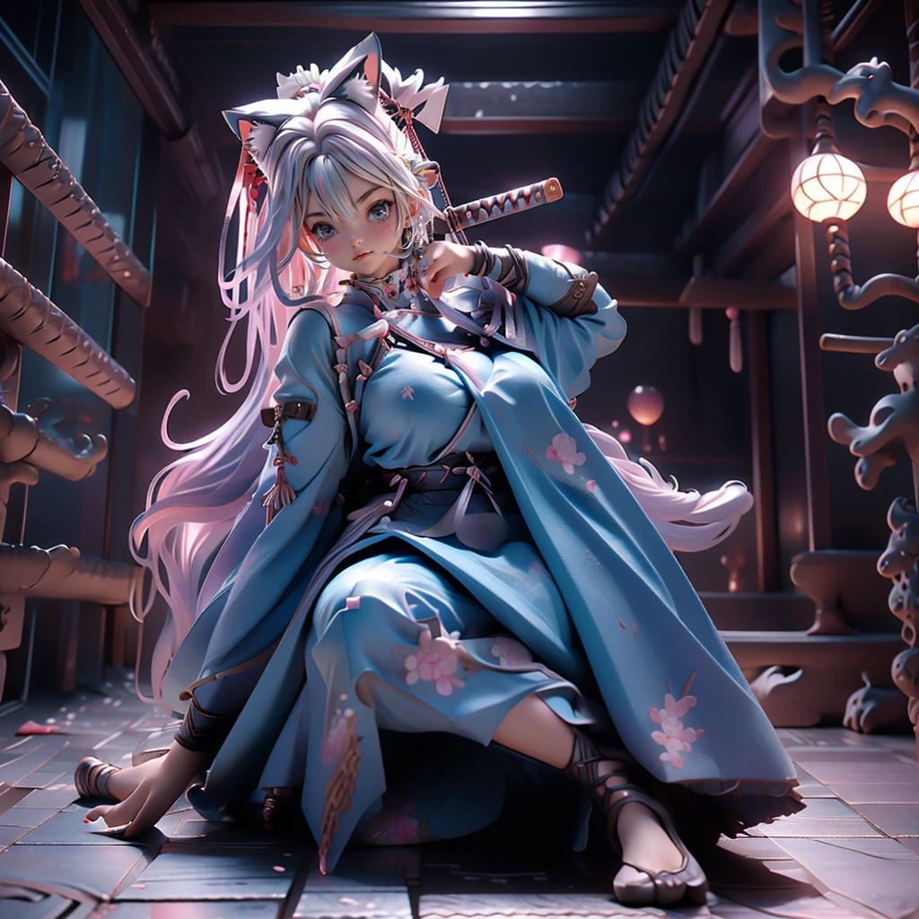 Moisturized Skin, (blue eyes), Realistic body, (Adult female body), Energetic, 3DCG, front, Pink lipstick, (Silver Hair), ((Cat ear)), Beautiful Hair, Long Hair, ponytail, (((Samurai Armor: 1.3))), ((masterpiece + Highest quality + High resolution + Very detailed)), (whole body: 1.2), Get down on your right knee, Raise your left knee, Place your left hand on the ground, Holding a Japanese sword, Perfect fingers, Depiction from above