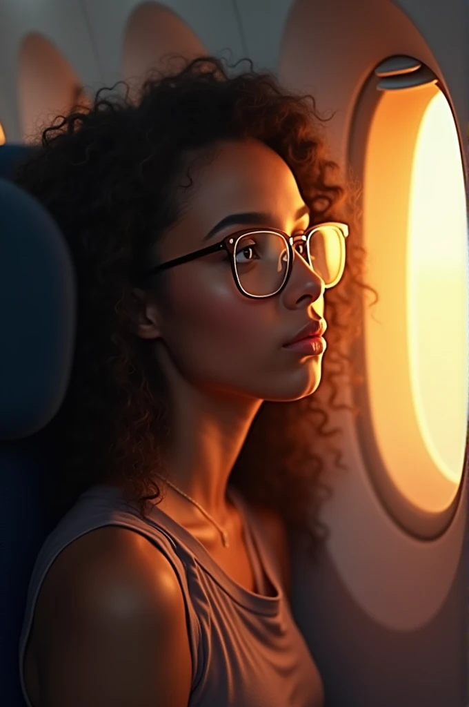 Brown skin girl, with glasses and long curly hair sitting in the first row of flight and the opposite window was open with golden light flashing to her face