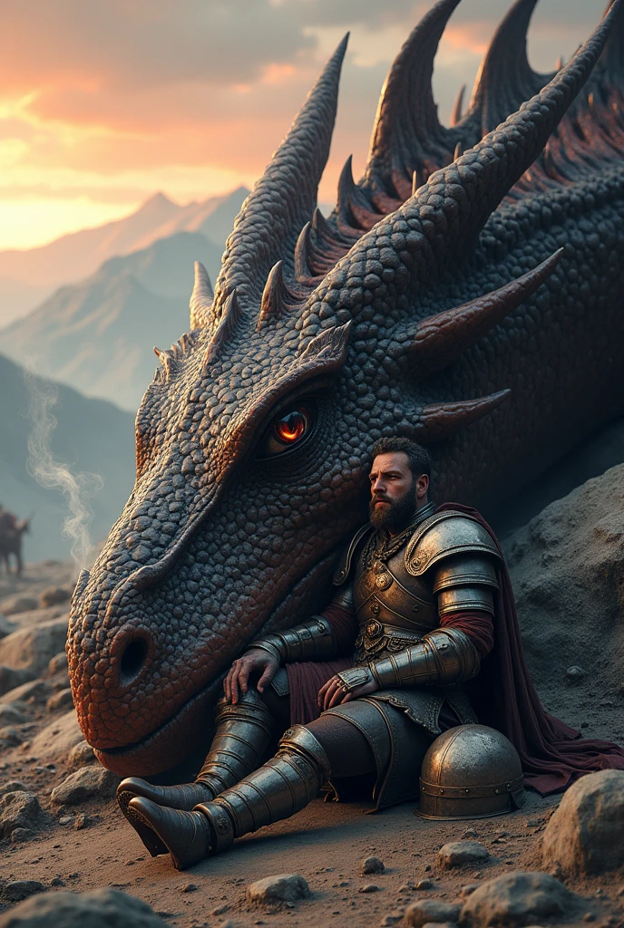 Create an image of a battle-weary dragon rider resting next to his dragon&#39;s massive head after a fierce battle.. The horseman, dressed in intricately detailed and weathered armor, sits on the ground, leaning against a large rock with his helmet placed beside him. His face shows signs of exhaustion — stains of dirt and streaks of blood., but also a feeling of calm and relief.

The dragon&#39;s head, as big as the rider&#39;s entire body, gently lands on the ground next to them. Its scales, A deep one, iridescent hue that subtly changes in dim light, They are marked by scars and fresh wounds from the recent battle. The dragon&#39;s massive eyes, half closed due to exhaustion, Reflects a softness, warm light, Showing both the creature&#39;s immense power and its deep bond with the rider.. Smoke drifts lazily from his nostrils, and his breath is slow and heavy, indicating its state of rest.

Only the colossal head of the dragon is visible in the scene., the rest of his enormous body extending out of the frame, emphasizing its immense size. The background features rugged terrain, mountainous landscape, with the remains of a battle faintly visible in the distance — scattered armor, broken weapons, and scorched earth. The sky above is painted in the soft hues of sunset — deep oranges, purples, and roses — casting a serene glow over the scene.

Despite signs of recent conflict, The atmosphere is one of peace and mutual trust.. The horseman and dragon share a moment of quiet recovery, with the dragon&#39;s head resting protectively near its mate, highlighting their unbreakable bond in the aftermath of the battle."