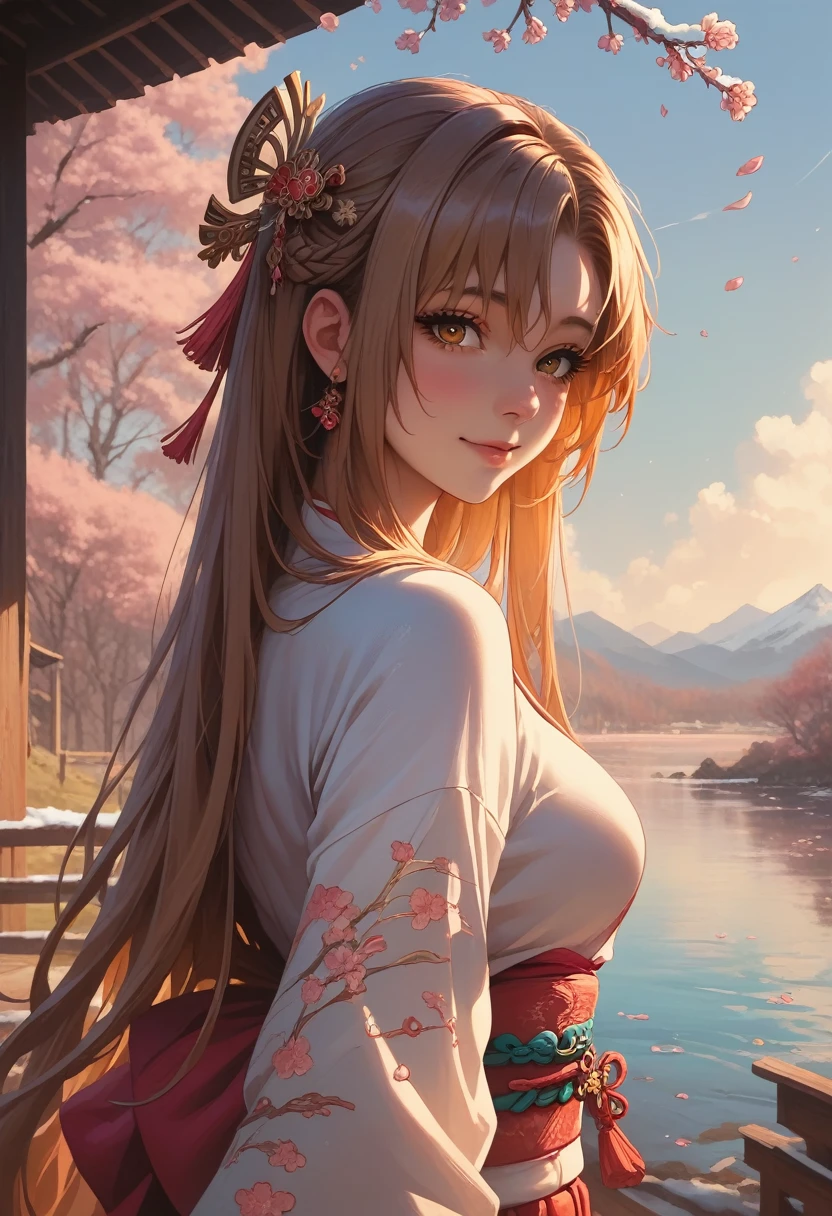 Asuna, masterpiece, Highest quality, detailed, (One person), alone, detailed golden eyes, Long Hair, Are standing, Close to the audience, (detailed kimono), A light smile, Medium chest, (Put your arms behind your back), water, sunset, (hair ornaments), (Cherry blossoms bloom), Lake with snowy mountains in the background