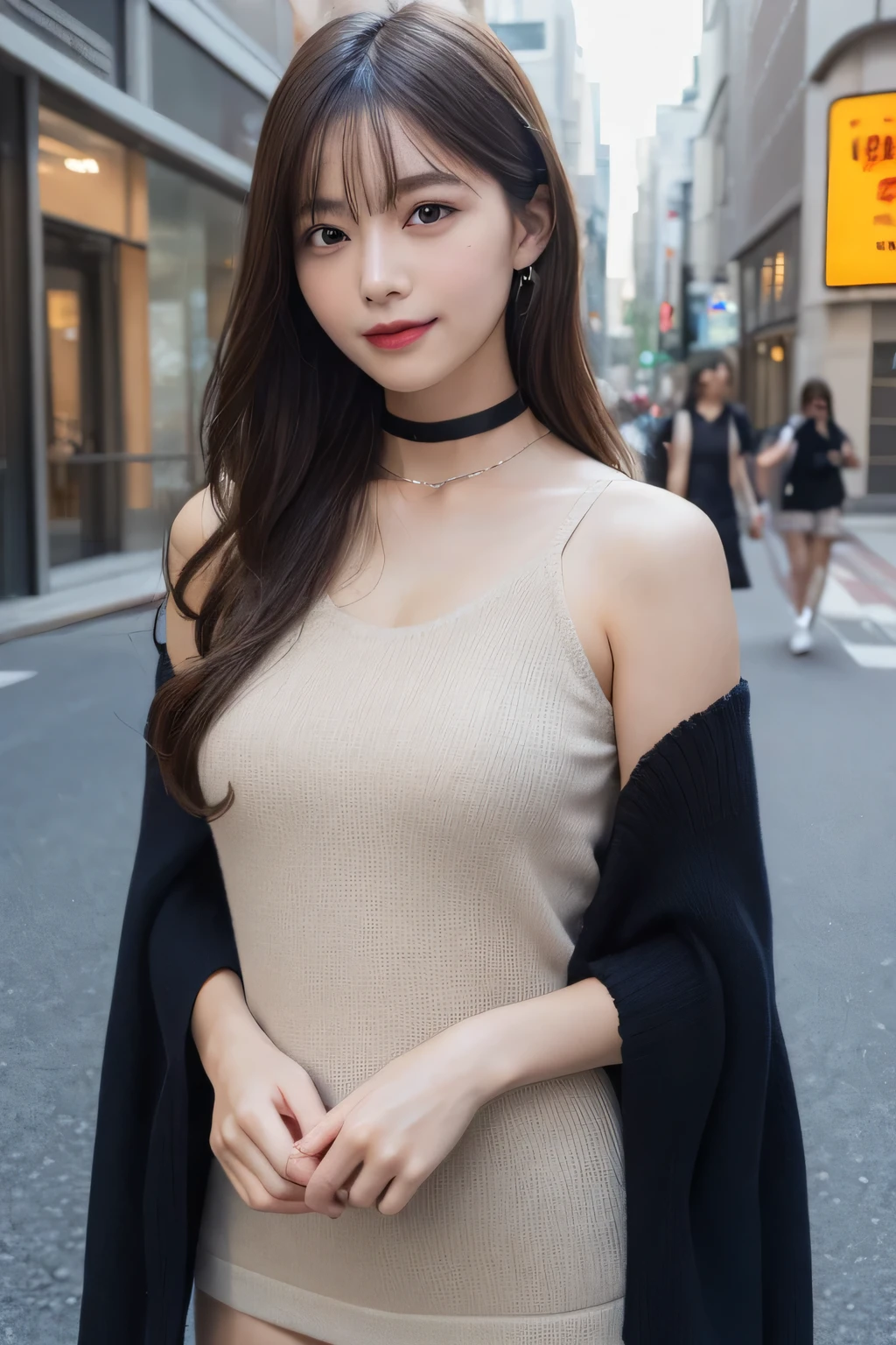 masutepiece, Best Quality, Illustration, Ultra-detailed, finely detail, hight resolution, 8K Wallpaper, Perfect dynamic composition, Beautiful detailed eyes, doress,Medium Hair, mid-chest, Natural Color Lip, Random and sexy poses,Smile,Aoyama Street Walk、20 years girl、Colossal 、Too much exposure、No shoulder knitwear（shuicolor）、Exposing the chest、Slid、Choker with chain, Large Breasts, Slim body,