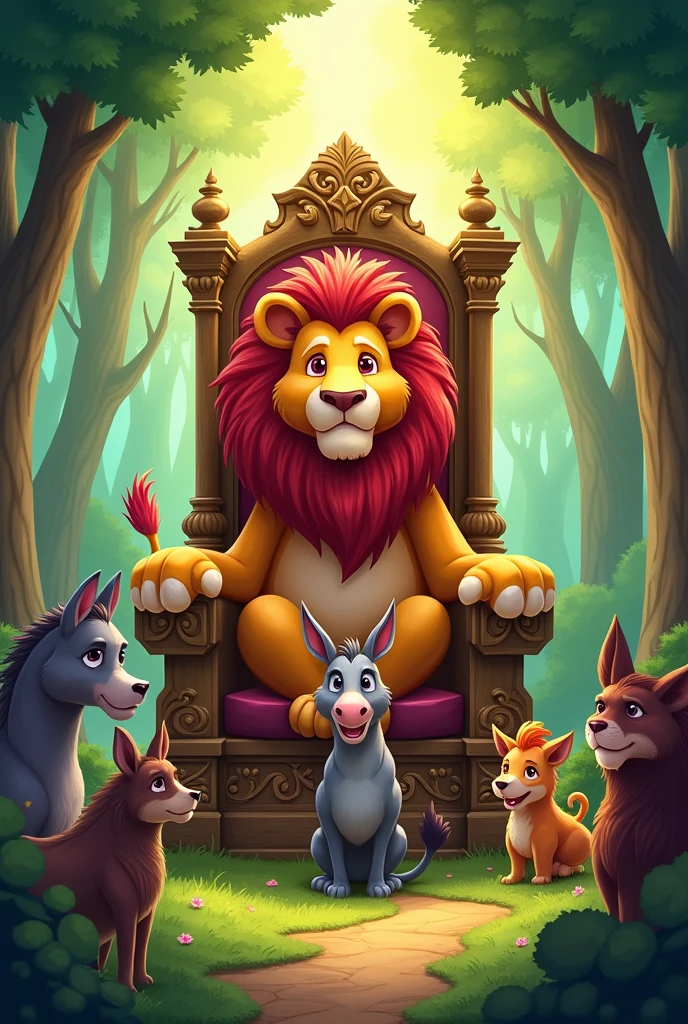 The lion sits on the throne in the forest, all the animals gathered around, the wolf and the donkey stand in the middle, cartoon