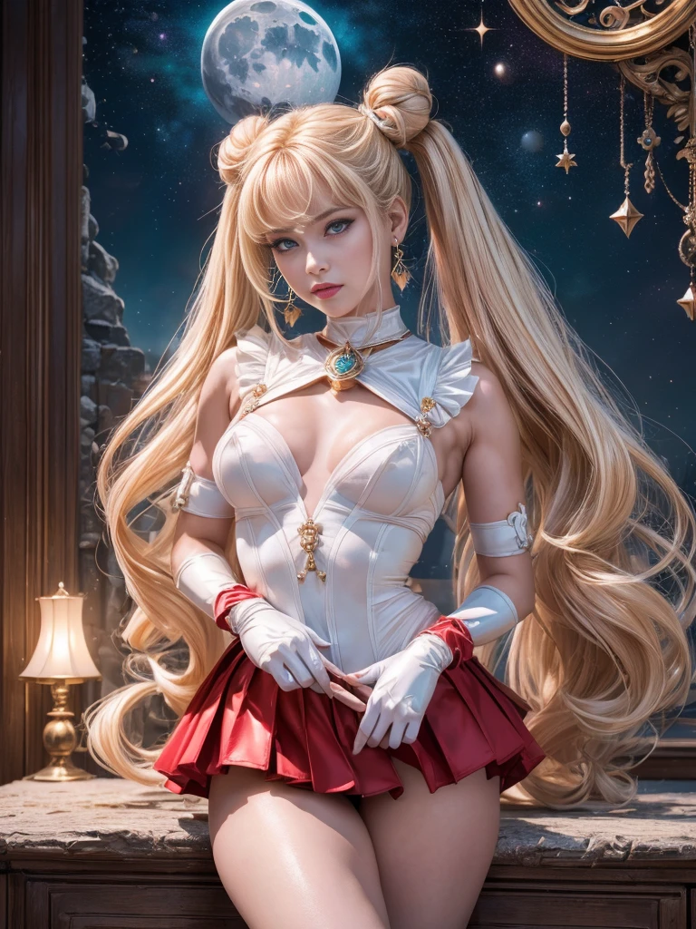 NSFW,table top、full:1.3、stand、8k、。.3d、realistic、super micro photography、highest quality、Wallpapers with extreme details CG Unity 8k、from below、intricate details、(1 female)、2、(sailor moon:1.6 Super Bishoujo Senshi sailor moon Mer1、Meisha Onfu,Land、sailor warrior uniform Sailor:1.5、sailor moon:1.5,Eternal sailor moon)、(Incredibly long and bright blonde twintails:1.4、thin and very long straight twin tail blonde, bun hair、Red round hair ornament for hair bun)、((sailor warrior uniform、sailor color,pregate mini skirt:1.5、Glossy pleated mini skirt:1.3、very large red ribbon on the chest,,,,,、white long latex gloves,red gloves on the elbows、A gorgeous golden tiara on the forehead、Ear Nipple Ring,luxury golden jewelry))、Extremely thin and fitted high gloss white holographic leather、High-gloss white latex high-leg swimsuit that shines like oil,(facial details:1.5、bright blue eyes、Beautifull expression、beautidfull eyes、iris outline, shining eyes、thin lips:1.5、thin and sharp pale eyebrows,、long and thick eyelashes、double eyelashes、thin, thin and muscular,,,、small face、tall and big breasts、perfect proportions、big breasts thin waist、sexy model posing、dynamic pose,Visible pores、enchanting smile、perfect hands:1.5、octane rendering、very dramatic picture、(The divinity of the moon,space background、moonlight rays、moon、dynamic background、exquisite light and shadow、dynamic angle、detailed background),strong natural light、sunlight、Digital single-lens reflex camera、sharp focus: 1.0、maximum clarity and sharpness