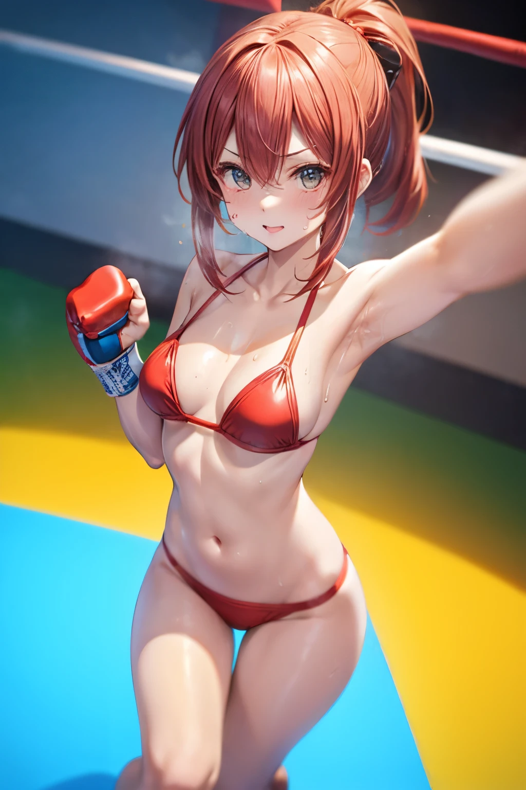 (Straight punch)、boxing、Red Bikini、High leg、Shining Sweat、steam、Selfie