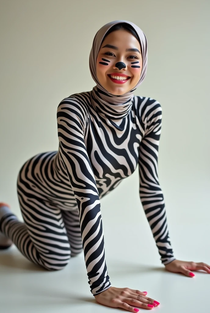 The beautiful muslimah asian adult girl with beautiful cheeks wears plains zebra print lycra turtleneck unitard catsuit covered with stripes and plains zebra print lycra elastane stretchy dancewear 100% stretchy hijab-.She is happy to crawl.She always put fake cat whsikers and nose that are made of black makeup marker pen.