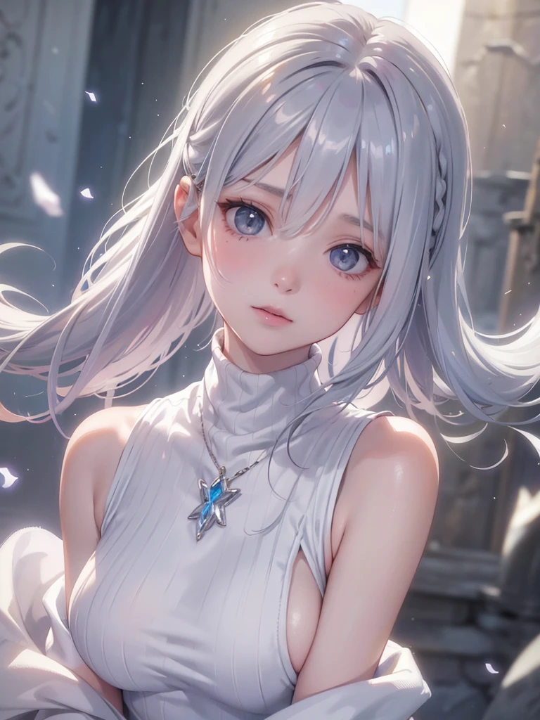 (Upper body portrait:1.5)((masterpiece:1.5、8k、Portraiture、フォトリアリスティックでVery detailedなCG、Very detailed、Particle Effects、Dynamic Effects、Written boundary depth、Cinematic Light、Lens flare、Ray Tracing、Tabletop、Realistic:1.4、Ultra-high resolution:1.2、Realistic、Realistic))((alone、Turtleneck sweater,Sleeveless,Detailed face、bright表情、young, bright, Whiter skin、medium breasts、sideboob, Best Looks、Ultimate beauty、Shiny silver hair with highlights、bright and shiny hair,、Modern Hairstyles、Hair dancing in the wind))(morning、The setting is a snowy hill overlooking the ruins.)