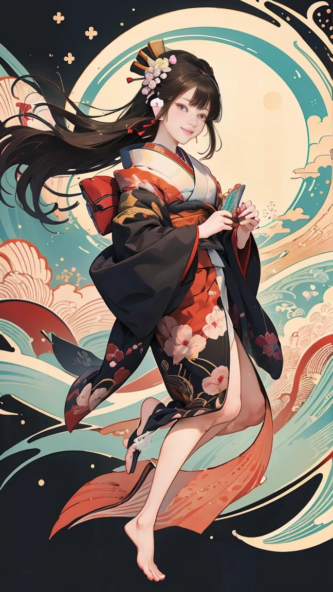 A beautiful woman smiles and shows her upper white teeth、Vividly colored Japanese Ukiyo-e style illustrations、(SeaArt creates stunning illustrations of beautiful women in kimono)、Brown-black long hair、Beautiful full body style、Let&#39;s dance a little Tokyo Ondo Yoiyoi、Beautiful new digital paintings,、Bright vibrant digital anime art、 Detailed digital anime art、 Beautiful anime portraits、background、Torii gate of a shrine in Kyoto, Japan、Detailed CG、