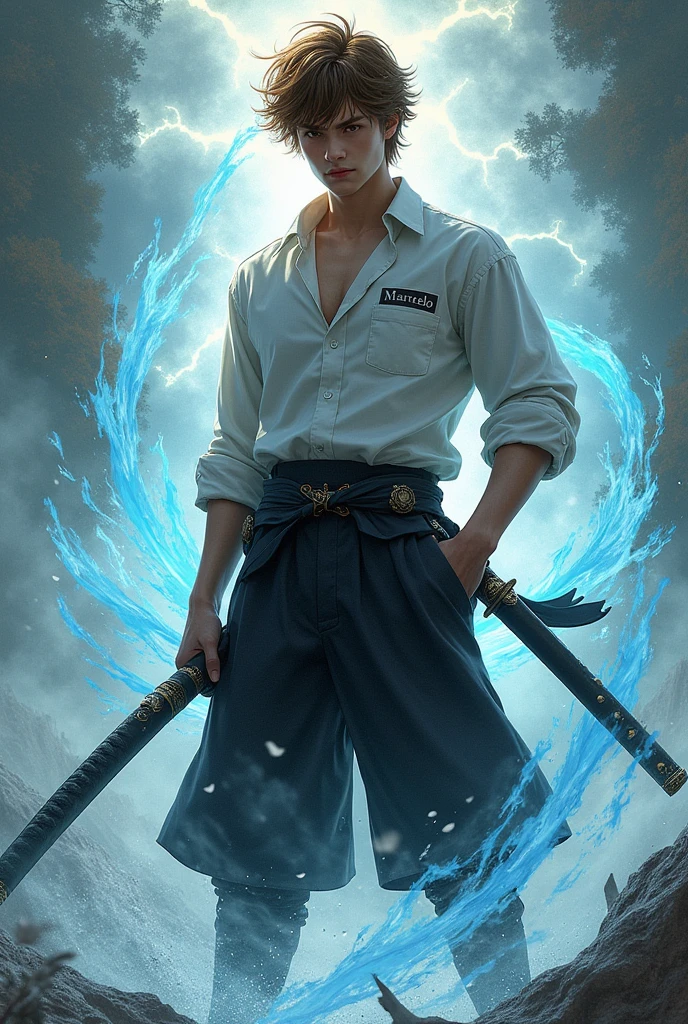  with magical powers standing with one hand in his pocket and the other holding a legendary black katana with brown hair , water and magical flames appear around his body , on your shirt it says Marcelo