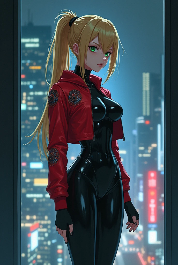 The image is anime style with shadows and dim lights, anime style although somewhat adult and dark, It shows a female android wearing a red jacket with prints and black latex pants and a suit., who appears to be 2, She has blonde hair tied back in a ponytail, with green eyes. with a face that shows determination, Has strong and robust thighs, Her feet are also covered in the suit. He stands in front of a glass wall looking out at the futuristic night city