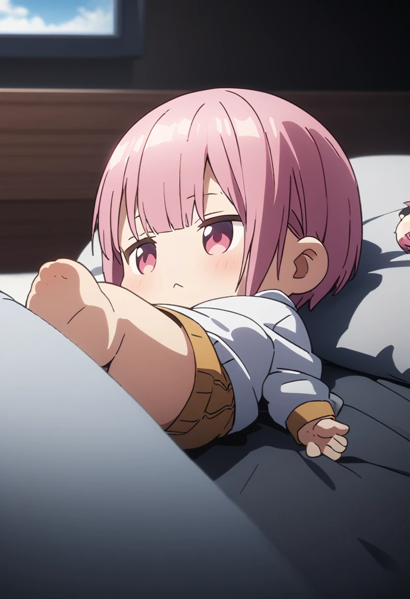 (Highest quality, 4K, 8k, High resolution, masterpiece:1.2), Very detailed, Picturesque, Animated Photography, Photo Animation:1.37)、Japanese schoolgirl、(Pink Hair)、(Pixie Cut)、(chibi:1.4),white shirt、short pants、sitting on bed、wariza、Full body photography、Nakano ichika