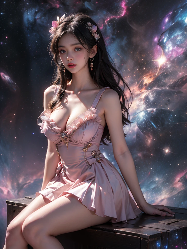 wlyg \(nice with you\)
wathet dress, ((Large Breasts)),Visible cleavage, Short skirt, 4K Ultra HD, masterpiece, A girl, Exquisite makeup, shy, blush, Delicate eyes, Delicate lips, Flower fairy girl, Neon lights, (Galaxy Background:1.5), in heaven, Sitting, Lean back, Sexy long legs, Surrealism，8k，Super Detail，Ultra HD，Anatomically correct，best quality