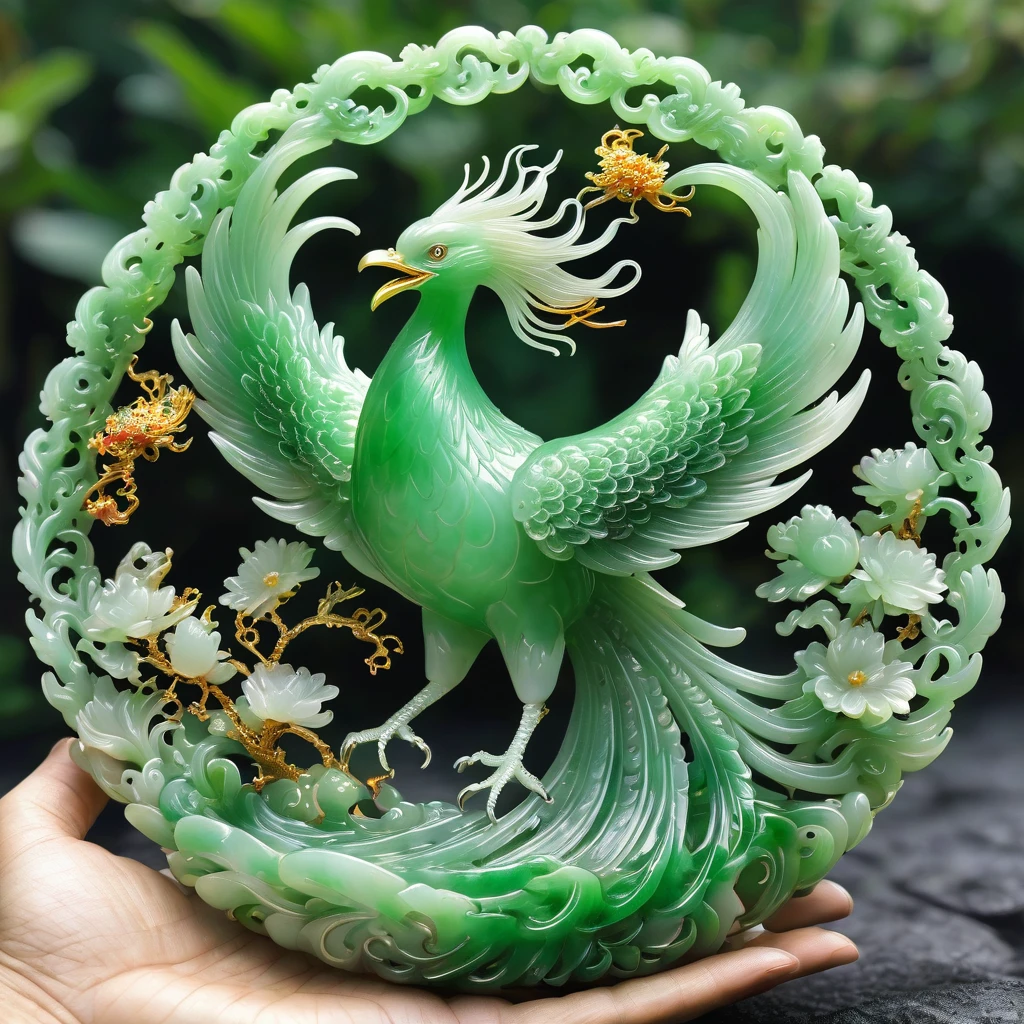 best quality, very good, 16K, ridiculous, Very detailed, Phoenix，Made of translucent jadeite, （（A masterpiece full of fantasy elements）））， （（best quality））， （（Intricate details））（8K）