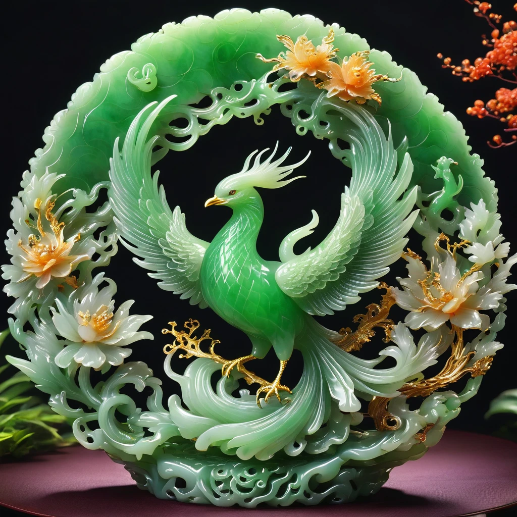 best quality, very good, 16K, ridiculous, Very detailed, Phoenix,Made of translucent jadeite, ((A masterpiece full of fantasy elements))), ((best quality)), ((Intricate details))(8K)