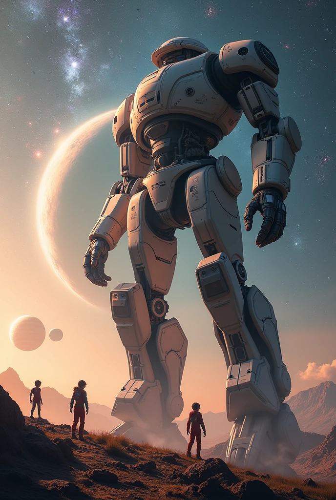A big Robot with kids flying through solar system in space. Show sun, earth, mars, saturn, Jupiter in background.