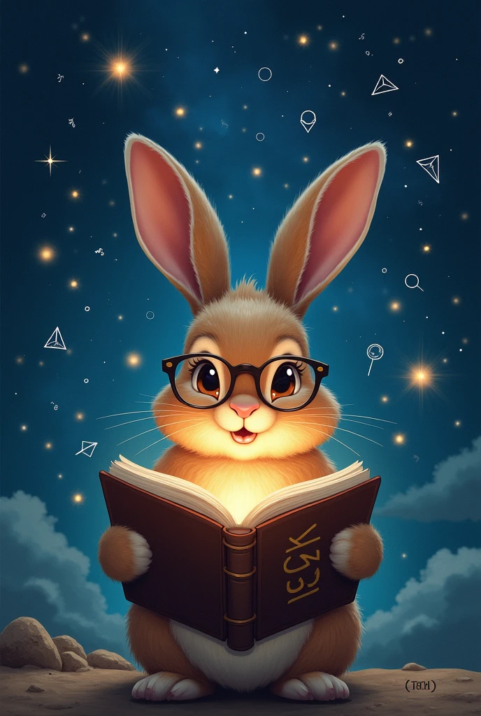 A droopy-eared rabbit is reading a book seriously,Wear glasses,宝箱にはHealingの公式が現れる,background,Night Sky、star々,backgroundに宝箱があります,((Astronomical formulas emerge from the book:2))、Healing、healing