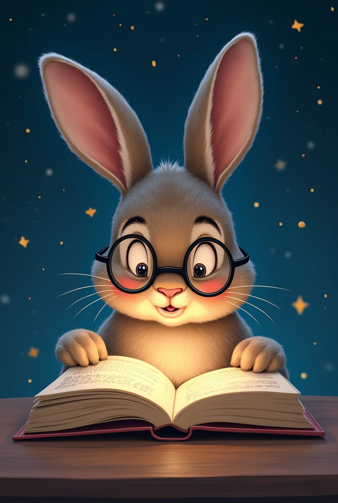 A droopy-eared rabbit is reading a book seriously,Wear glasses,宝箱にはHealingの公式が現れる,background,Night Sky、star々,backgroundに宝箱があります,((Astronomical formulas emerge from the book:2))、Healing、healing