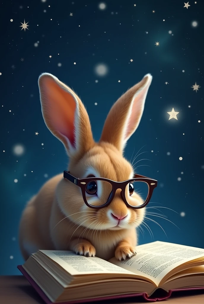 A droopy-eared rabbit is reading a book seriously,Wear glasses,宝箱にはHealingの公式が現れる,background,Night Sky、star々,backgroundに宝箱があります,((Astronomical formulas emerge from the book:2))、Healing、healing