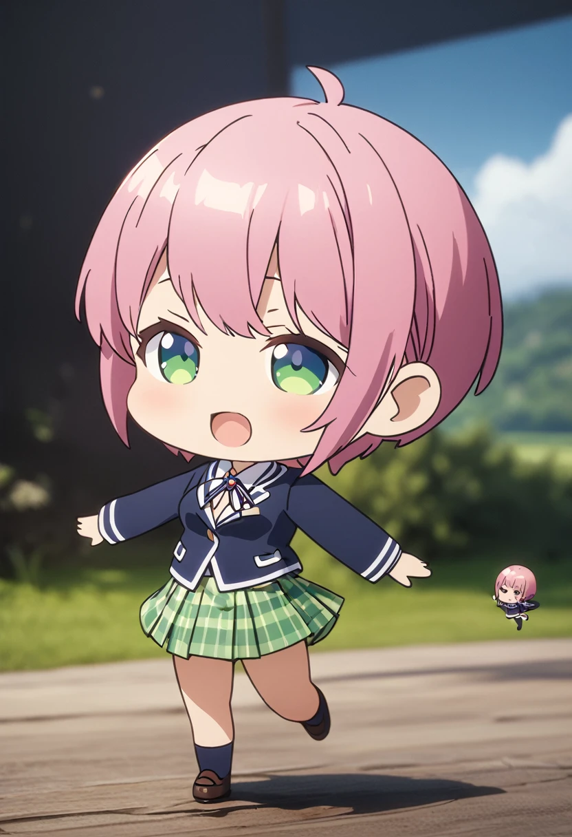 (Highest quality, 4K, 8k, High resolution, masterpiece:1.2), Very detailed, Picturesque, Animated Photography, Photo Animation:1.37)、Japanese girl、(Pink Hair)、(pixie cut)、(chibi:1.4),white shirt、Yellow-green checkered skirt,(high scool uniform:1.2)、navy blue jacket、big laugh、Full body photography、Nakano ichika