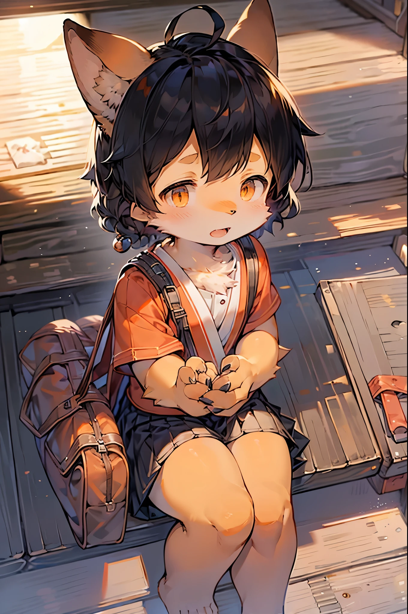 Fox Girl，Furry girls，Female infant characteristics，Black hair，Orange Skin，Black Arm，Japanese aristocratic school uniform，bag，After school