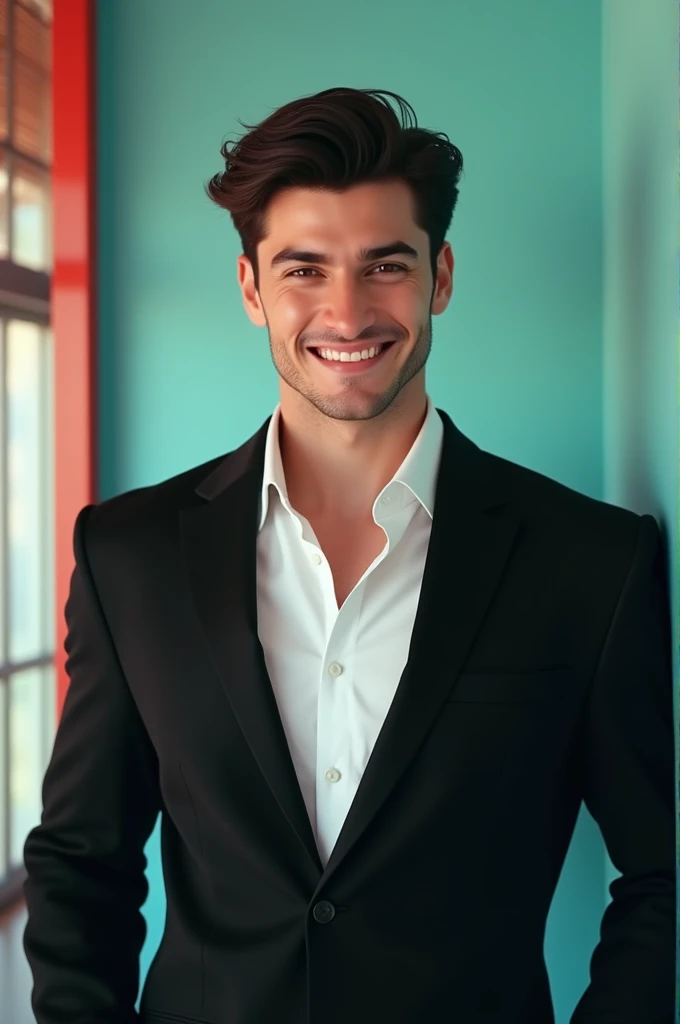 A young Man With Dark hair and a confident smile He is Dressed in a black blazer over a white shirt The man is positioned against aqua colour backdrop with a subtle red l