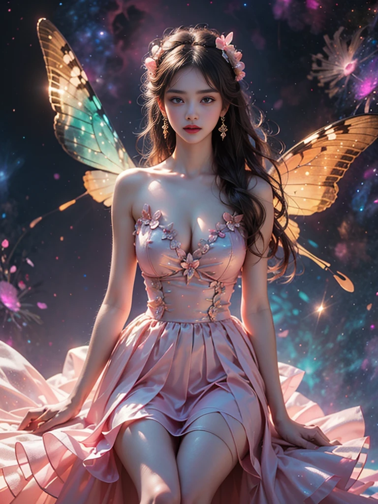 bioluminescent dress
butterfly dress ((Large Breasts)),Visible cleavage, Short skirt, 4K Ultra HD, masterpiece, A girl, Exquisite makeup, shy, blush, Delicate eyes, Delicate lips, Flower fairy girl, Neon lights, (Galaxy Background:1.5), in heaven, Sitting, Lean back, Sexy long legs, Surrealism，8k，Super Detail，Ultra HD，Anatomically correct，best quality