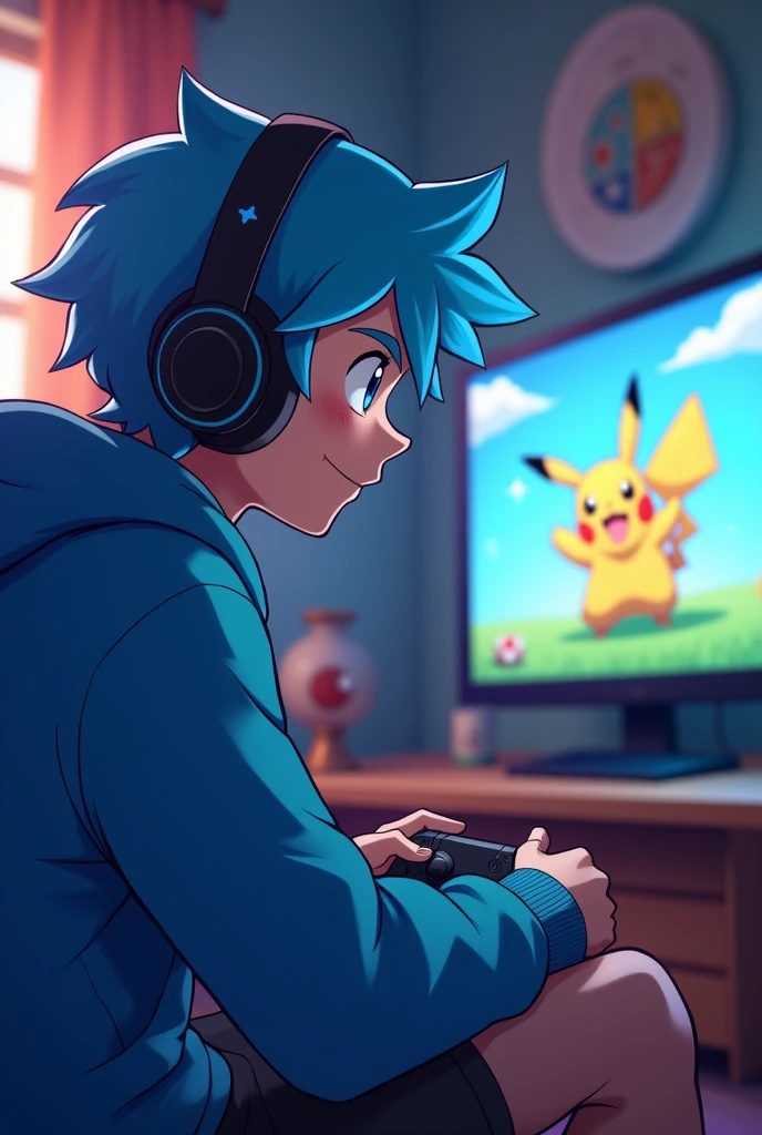 make Youtuber sigma male wear Blue hoodie,wear a headset,blue hair,And he is playing console games,And make this image themed in pokemon animation style,And also switch the console and TV