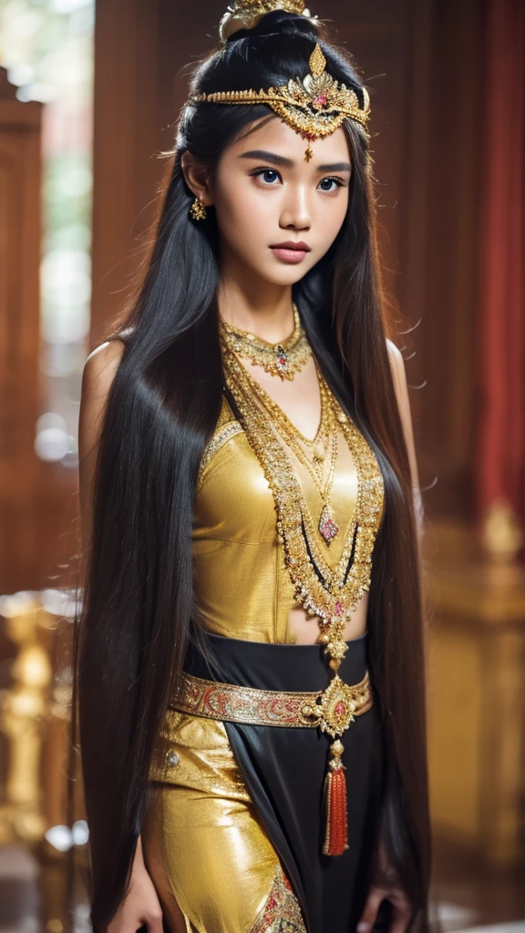 create a hyper realistic photo,  8k,highest quality, masterpiece, Ultra-high resolution,(masterpiece:1.6, highest quality), Intricate details,    a beautiful indonesian woman as a hero in dynasty kingdom of majapahit, wearing small gold neklace like a queen, wearing red kemben ,long black hair with bun, very longhair girl, front body covered by longhair, floor length hair,eyes to camera, Javanese kingdom background,