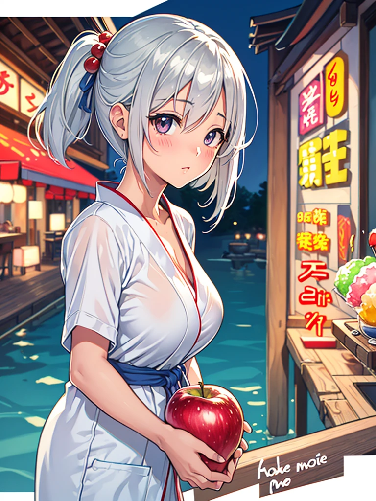 ((Analog style illustration)) ((Water-based paint)) ((90s)) ((Retro style))
((2024 Summer Greetings)) ((Postcard Vertical)) (((((Text))))) Text Japanese
Background single color white background　
Japanese yukata girl　((night view)) ((fireworks))
((hamakaze)) ((one eye hidden)) ((silver hair shortcut)) ((big breasts))
　((shaved ice)) ((apple candy))

strawberry flavored shaved ice
Wind chime, fan, mosquito coil, hamakaze_(kancolle), breasts, large_breasts, hair_over_one_eye