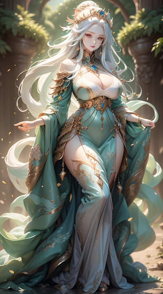 Masterpiece, best quality, the beauty of a goddess, empress, blonde, soft lighting, highest details, best quality, ( a pretty girl, 20 year old ), beauty smile, ( nice body shape, sport body ), midnight jungle, white hair, long hair, blue eyes, glow eye, ( Full body view ), standing, ( huge breast : 1.1).
