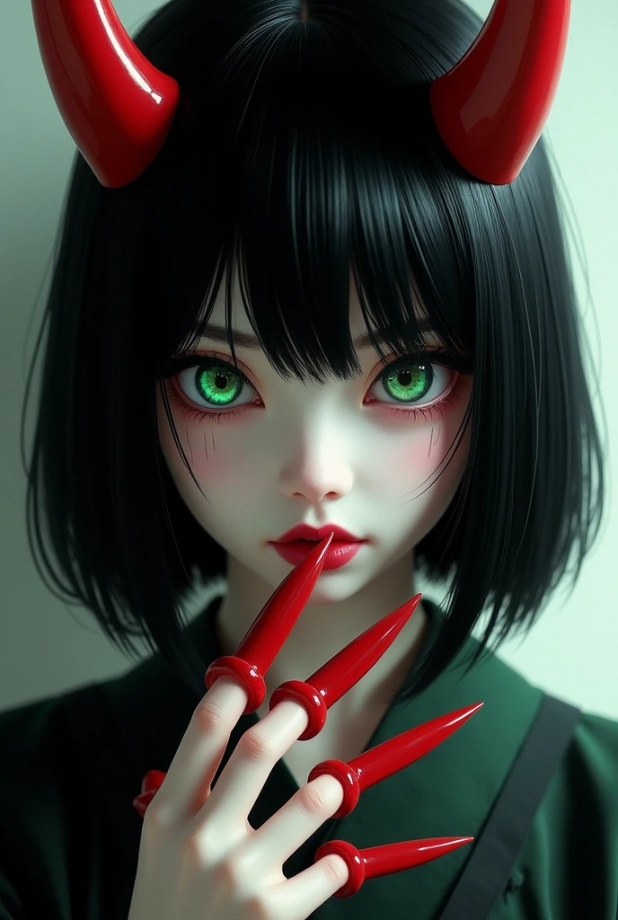 Black Hair。Bob。Demon&#39;s Red Horns。White skin。Green Eyes。Red on the corners of the eyes。Red seductive lips。Beautiful Japanese Women。Kunoichi。Female Shinobi。Red, sharp, long claws。