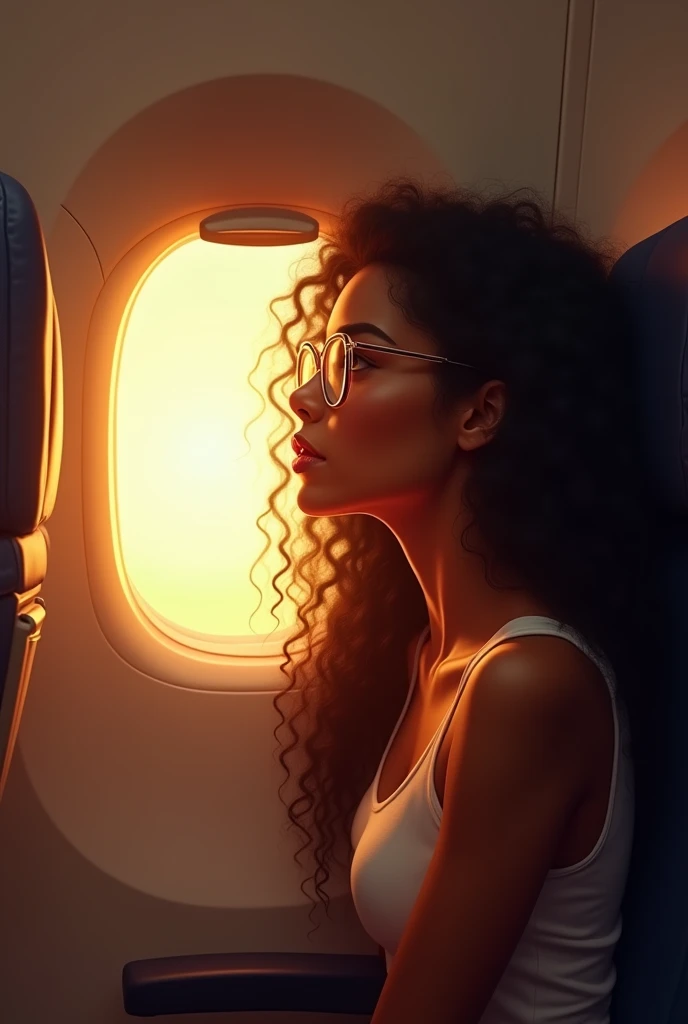 Brown skin girl, with glasses and long curly hair sitting in the first row of flight and the opposite window was open with golden light flashing to her face