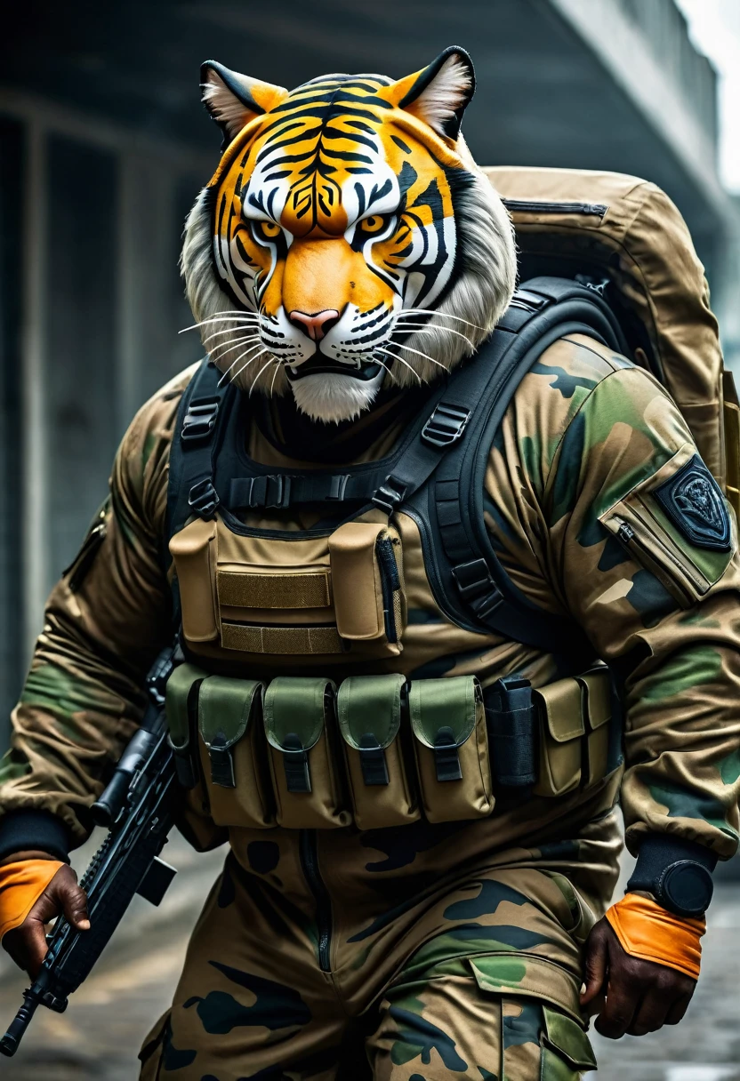 (a dark-skinned fat muscular old man in a bulky army camouflage zipper diver suit) carrying an AK-47, (wearing a small-sized realistic roaring tiger mask), dynamic action pose, fierce expression, showcasing an imposing stature, surrounded by military elements, dramatic shadows and intense highlights, cinematic color tones, high detail, powerful, art influenced by Bruce Onobrakpeya and Stanley Artgerm, ultra-detailed, best quality image, action-packed atmosphere. patrolling