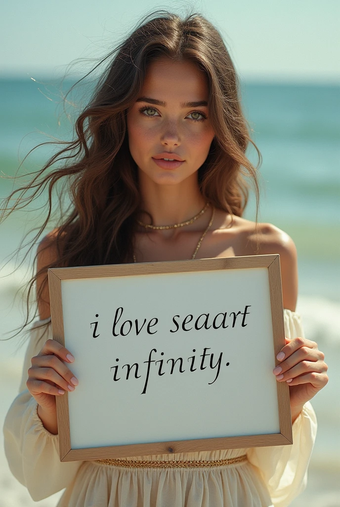 Beautiful girl with wavy long hair, bohemian dress, holding a white board with text "I Love Seaart Infinity" and showing it to the viewer