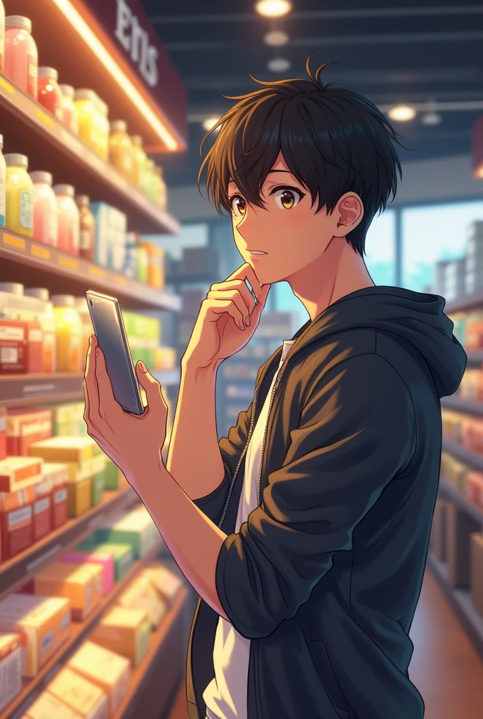 Make a man anime poster carefully choosing and thinking what to buy at store between the products