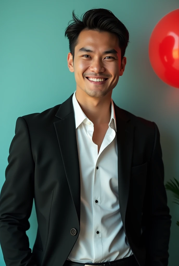 A young Man With Dark hair and a confident smile He is Dressed in a black blazer over a white shirt The man is positioned against aqua colour backdrop with a subtle red l