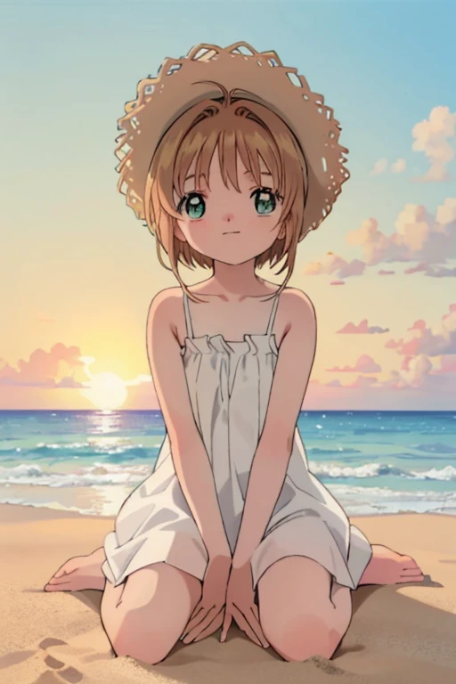 High resolution backgrounds,Beautiful background,anime, cute,Beach Sunset,The big sun setting on the horizon, girl,White camisole dress,Chestnut Hair,Short Bob Hair,barefoot,Green Eyes,White straw hat,Lens flare,Sitting flat on the sand,smiling