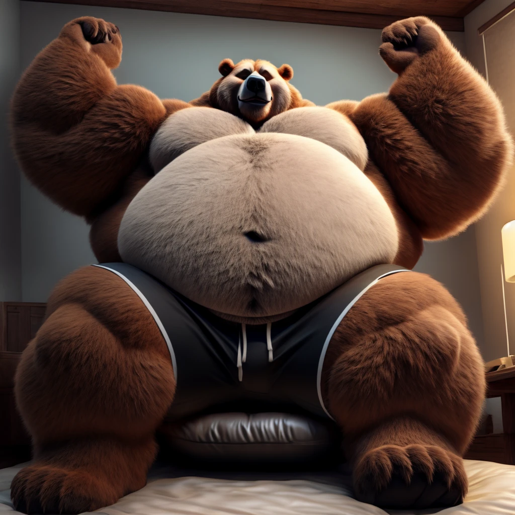 Fat Huge 450 Pounds Daddy Furry Beast Bear Big Belly and Large Chunky body and wearing Black Shorts and sitting on the air mattress His Belly is Bigger, Huge, Fat, Chunky, Furry, Big, and Huge and have his arms up wanting a Hug 