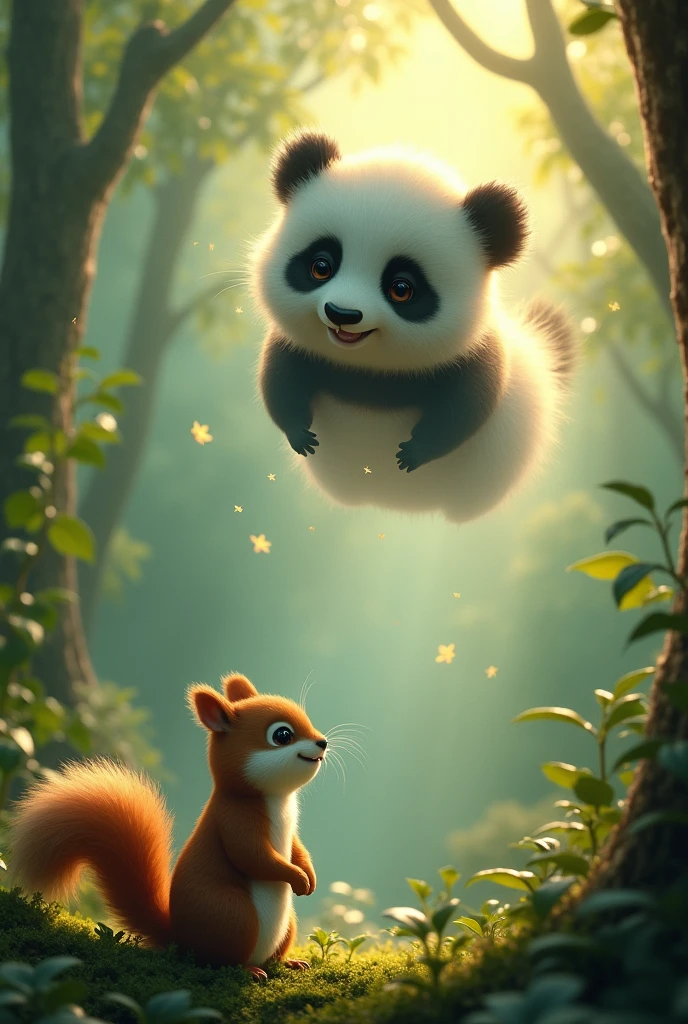 A scene where the panda is smiling down at his squirrel from the sky means that the panda is now in heaven because the panda is dead. And the squirrel stood on the ground looking up at the sky and crying at the smiling face of the panda.
