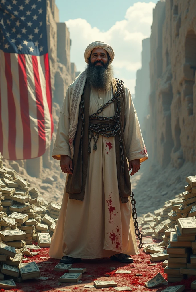 Taliban leader, big bearded, white afghan clothes with big blood stains, black waist coat, big white afghan turban, hoisting a very big flag of USA ,very huge and tall piles of dollars, laughing loudly, big slavery chain around his neck and body,