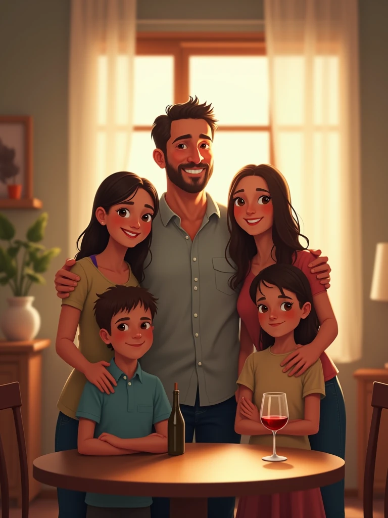 Here is the translation:

*A man in his forties, Marc, stands in a cozy house. He is smiling, surrounded by his wife and their three children. The scene is illuminated by natural sunlight streaming through the windows. On a table nearby, there is a bottle of wine and a half-filled glass, subtly symbolizing the early stages of his problem.*