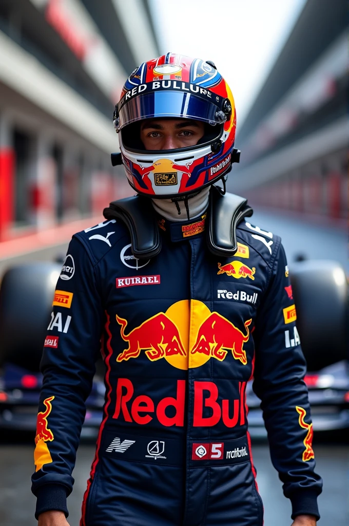 Full body image of F1 driver with helmet and uniform of the Redbull Racing Team, with his RB20 behind