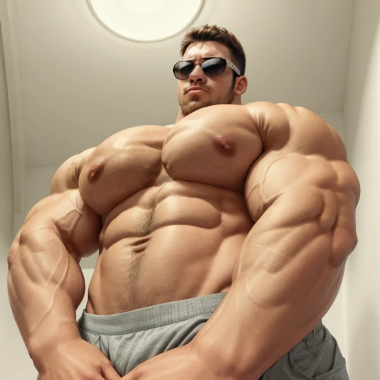 brutalmass, upshot pecs, 1man, large muscles, bodybuilder, a very handsome young man, shirtless, sunglasses, exaggeratedly muscular, exaggeratedly huge arms and biceps, Overly huge pecs, hyper pecs, massive pecs, hyper big pecs, on a white background