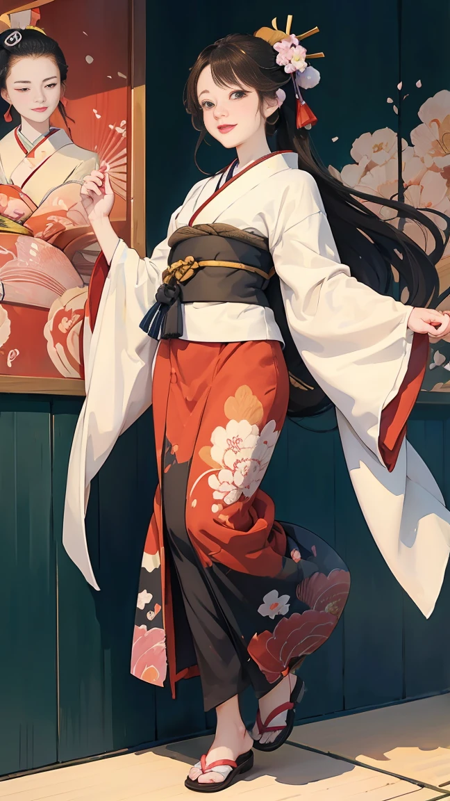(SeaArt creates stunning illustrations of beautiful women in kimono)、A beautiful woman smiles and shows her upper white teeth、Vividly colored Japanese Ukiyo-e style illustrations、Brown-black long hair、Beautiful full body style、Let's dance a little Tokyo Ondo Yoiyoi、Beautiful new digital paintings,、Bright vibrant digital anime art、 Detailed digital anime art、 Beautiful anime portraits、background、Torii gate of a shrine in Kyoto, Japan、Detailed CG、